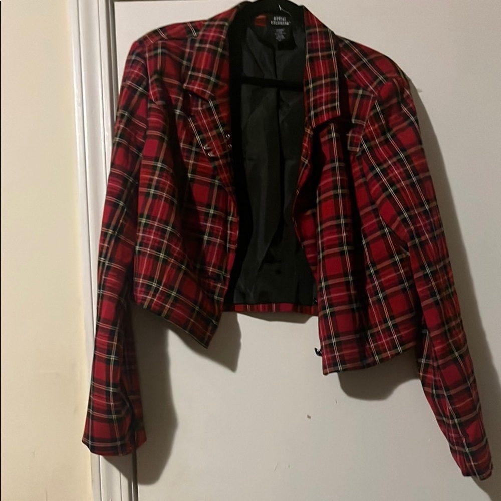 Vibrant Red Plaid Blazer with Notched Lapel